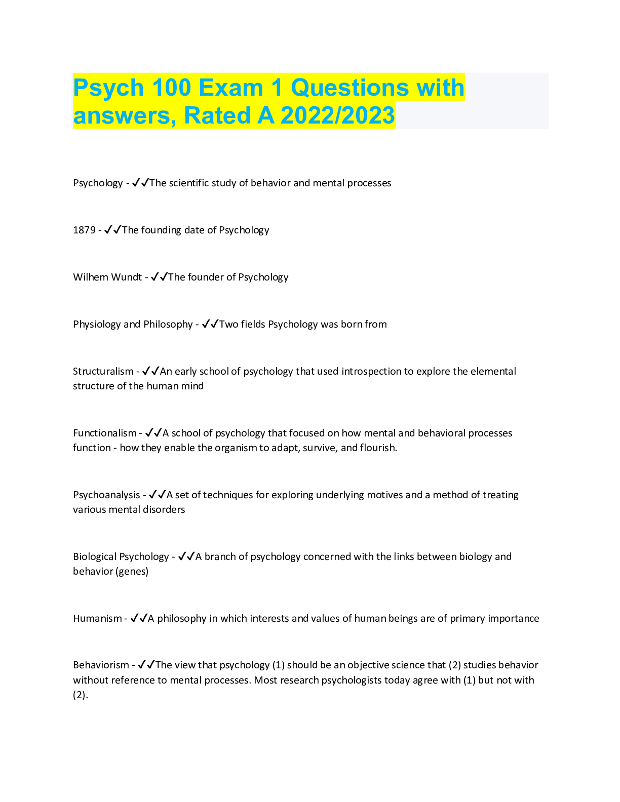 Psych 100 Exam 1 Questions with answers, Rated A 2022/2023